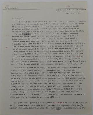 Item #2303112 Letter by Raymond Chandler to his agent H. N. Swanson "Swanie" Raymond Chandler