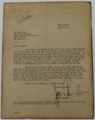 Item #2308021 Thurber, James, Typed Signed Letter to Alan Kayes of RCA. James Thurber