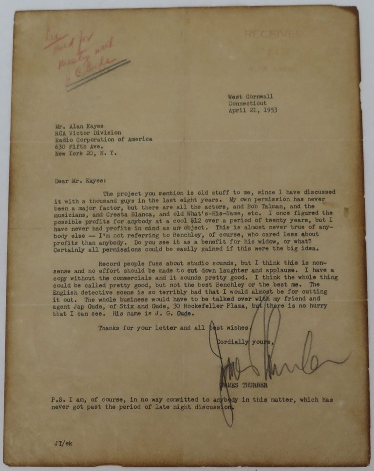 Item #2308021 Thurber, James, Typed Signed Letter to Alan Kayes of RCA. James Thurber.